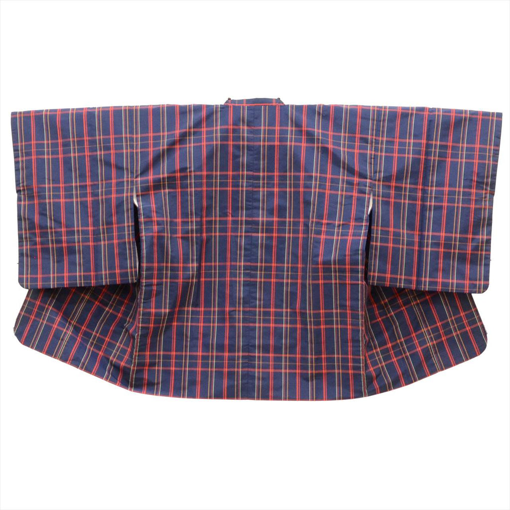 [Used] Recycled Kimono, Silk Kimono, Michiyuki Coat (Oshima Tsumugi style), Length 160.5cm (M), Sleeve Length 64.5cm, Ensemble, Synthetic Fiber, Navy Blue, Checkered Pattern, High Quality, Semi-Formal, Spring, Summer, Autumn, Winter, Ready-made 