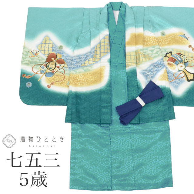 【中古】 七五三 男の子 5歳 2点セット 化繊 着物 羽織 美品 仕立て上がり 身丈104cm 裄49cm 緑色系 鷹文様 刺繍 金糸 和柄 和装 tt1885b[ 和服 節句 子供 アウトレット きもの kimono ]