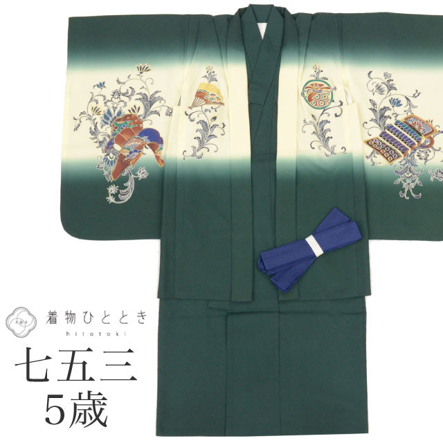 【中古】 七五三 男の子 5歳 2点セット 化繊 着物 羽織 美品 仕立て上がり 身丈99.5cm 裄丈48cm 緑色系 鷹文様 金糸 和柄 和装 tt1887b[ 和服 節句 子供 アウトレット きもの kimono ]