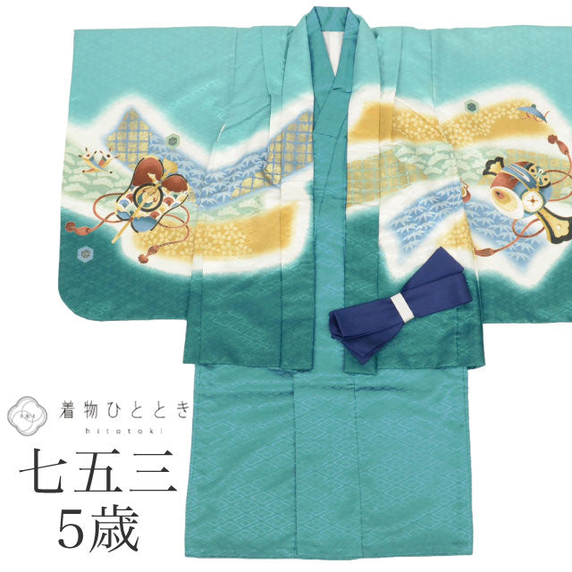 【中古】 七五三 男の子 5歳 2点セット 化繊 着物 羽織 美品 仕立て上がり 身丈89cm 裄丈43.5cm 緑色系 兜文様 刺繍 金彩 和柄 和装 tt1893b[ 和服 節句 子供 アウトレット きもの kimono ]