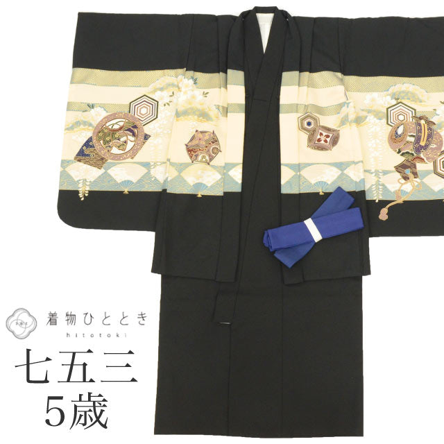 【中古】 七五三 男の子 5歳 2点セット 化繊 着物 羽織 美品 仕立て上がり 身丈103cm 裄丈49cm 黒色系 鷹文様 和柄 和装 tt1899b[ 和服 節句 子供 アウトレット きもの kimono ]