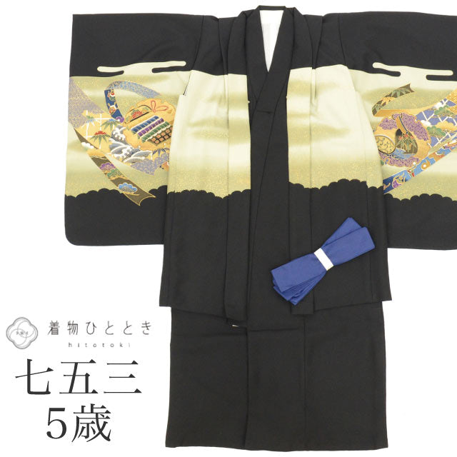 【中古】 七五三 男の子 5歳 2点セット 化繊 着物 羽織 仕立て上がり 身丈99cm 黒色系 裄丈47cm 鷹文様 金彩 和柄 和装 tt2028b[ 和服 節句 子供 アウトレット きもの kimono ]
