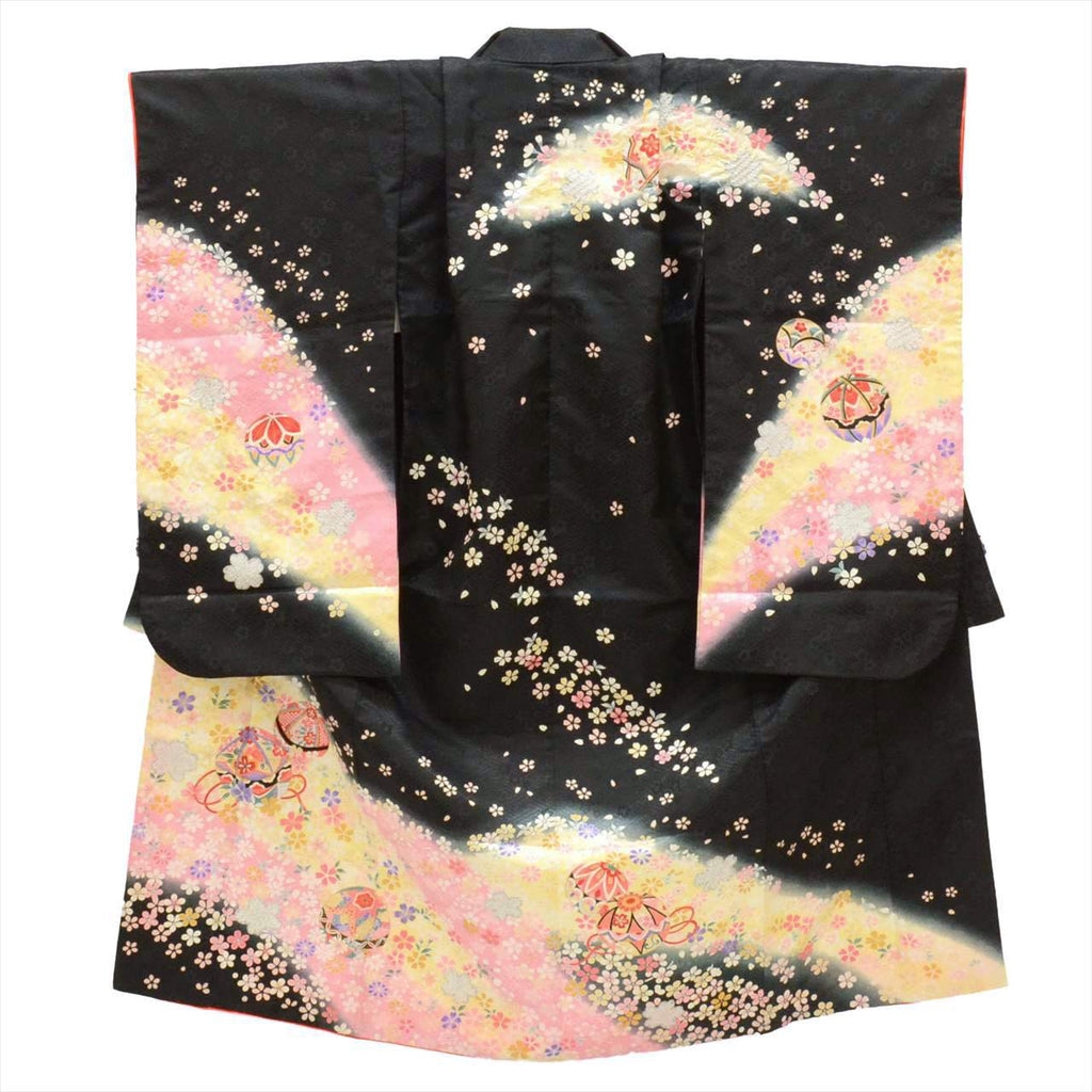 [Used] Shichi-Go-San (7-year-old girl's kimono) - Synthetic fiber, with layered collar, ready-made, recycled kimono, length 129cm, sleeve length 51.5cm, yellow with floral and ball pattern, celebratory garment, Japanese pattern, tt2058b 