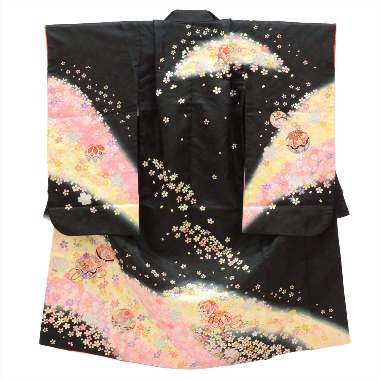 [Used] Shichi-Go-San (7-year-old girl's kimono) - Synthetic fiber, with layered collar, ready-made, recycled kimono, length 129cm, sleeve length 51.5cm, yellow with floral and ball pattern, celebratory garment, Japanese pattern, tt2058b 