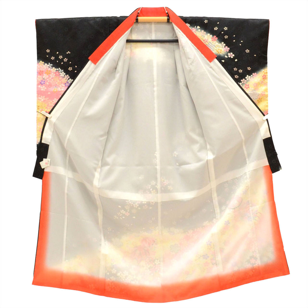 [Used] Shichi-Go-San (7-year-old girl's kimono) - Synthetic fiber, with layered collar, ready-made, recycled kimono, length 129cm, sleeve length 51.5cm, yellow with floral and ball pattern, celebratory garment, Japanese pattern, tt2058b 