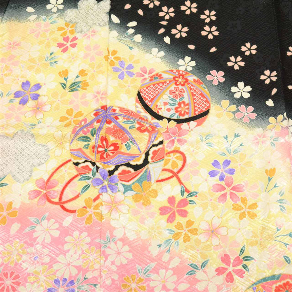 [Used] Shichi-Go-San (7-year-old girl's kimono) - Synthetic fiber, with layered collar, ready-made, recycled kimono, length 129cm, sleeve length 51.5cm, yellow with floral and ball pattern, celebratory garment, Japanese pattern, tt2058b 