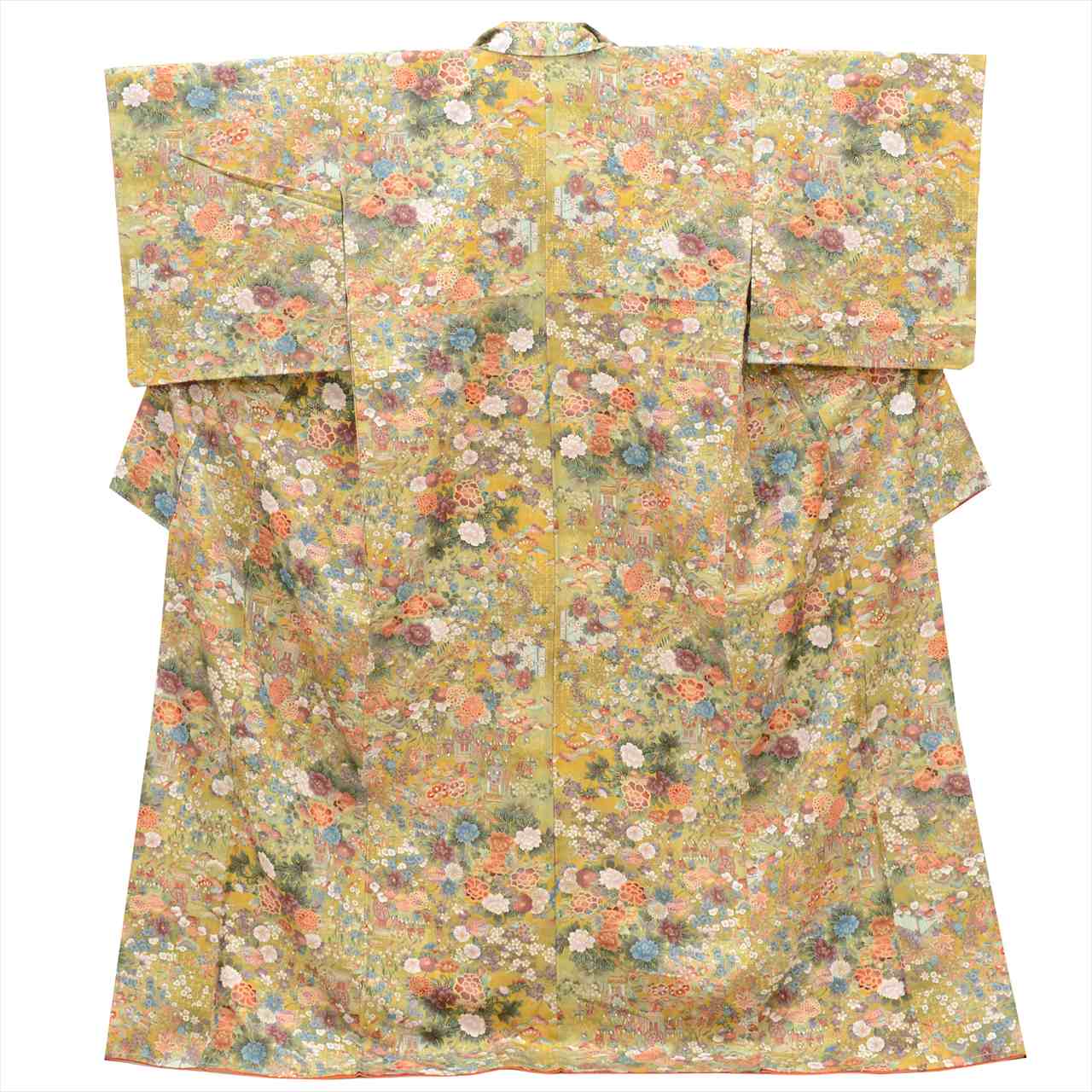 [Used] Komon (small patterned) recycled kimono, synthetic fiber, length 165cm (size L), sleeve length 66.5cm, yellowish tones, floral Heian-era picture scroll pattern, lined, high quality, semi-formal, spring, summer, autumn, winter, ready-made. 