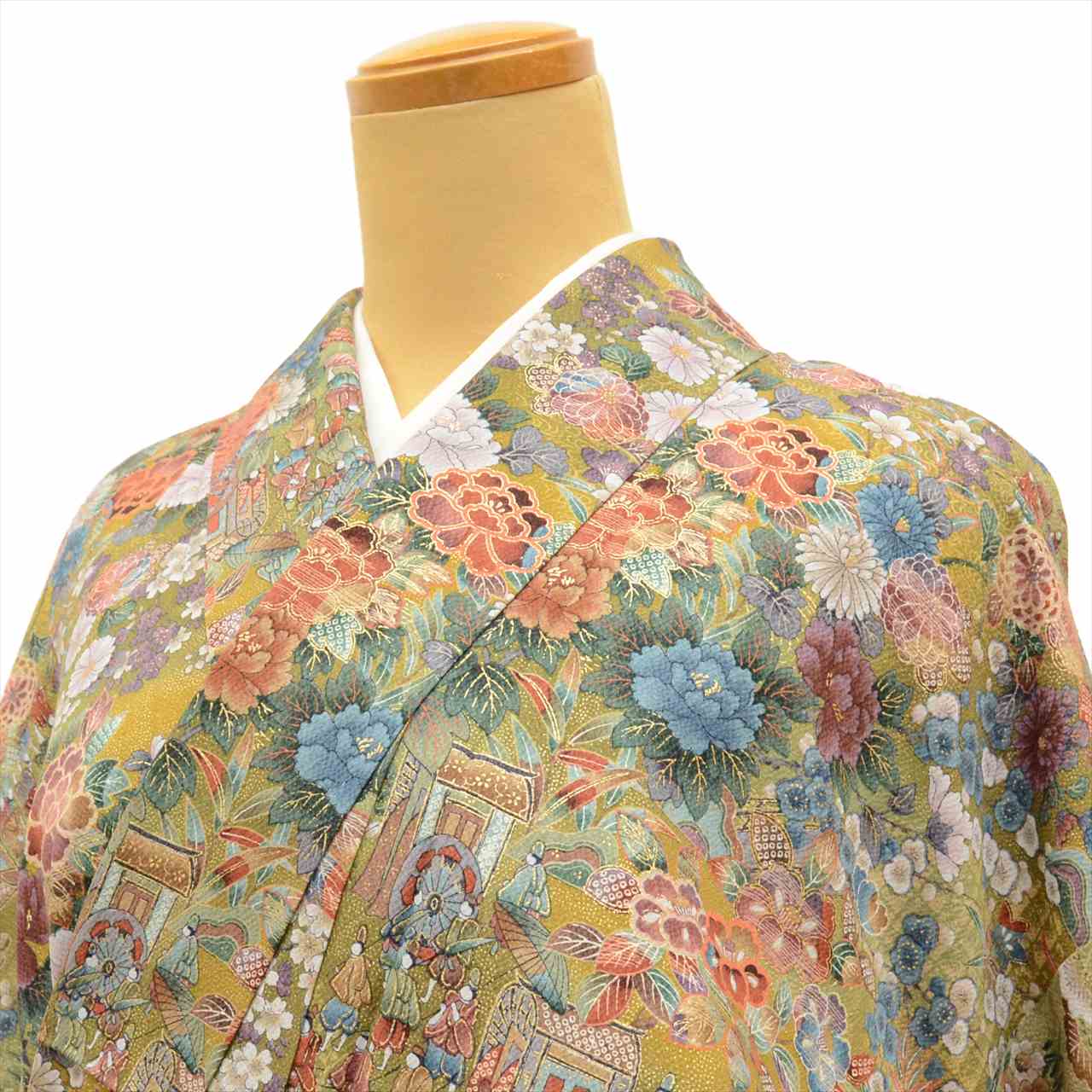 [Used] Komon (small patterned) recycled kimono, synthetic fiber, length 165cm (size L), sleeve length 66.5cm, yellowish tones, floral Heian-era picture scroll pattern, lined, high quality, semi-formal, spring, summer, autumn, winter, ready-made. 