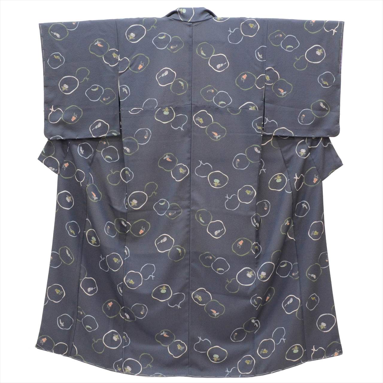 [Used] Komon (small patterned) recycled kimono, synthetic fiber, length 154cm, size S, sleeve length 64.5cm, excellent condition, unused, round vegetable pattern, washable, lined, high quality, semi-formal, spring, summer, autumn, winter, ready-made. 