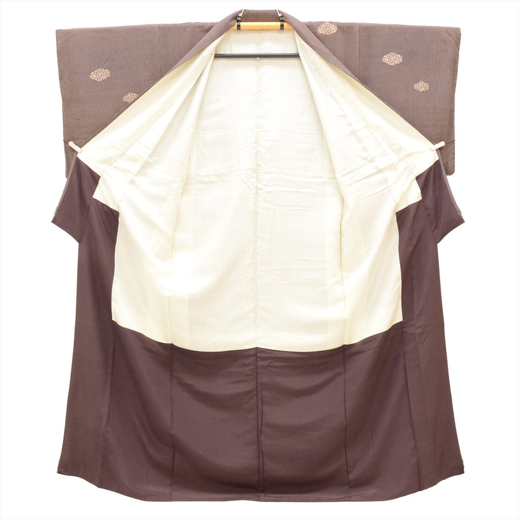[Used] Komon (small patterned) recycled kimono, pure silk, length 161cm (size L), sleeve length 65cm, brown with polka dot and floral pattern, crepe fabric, lined, high quality, semi-formal, spring, summer, autumn, winter, ready-made. 