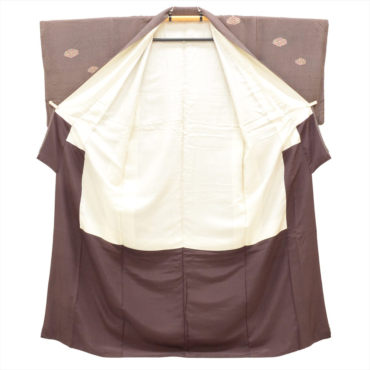 [Used] Komon (small patterned) recycled kimono, pure silk, length 161cm (size L), sleeve length 65cm, brown with polka dot and floral pattern, crepe fabric, lined, high quality, semi-formal, spring, summer, autumn, winter, ready-made. 