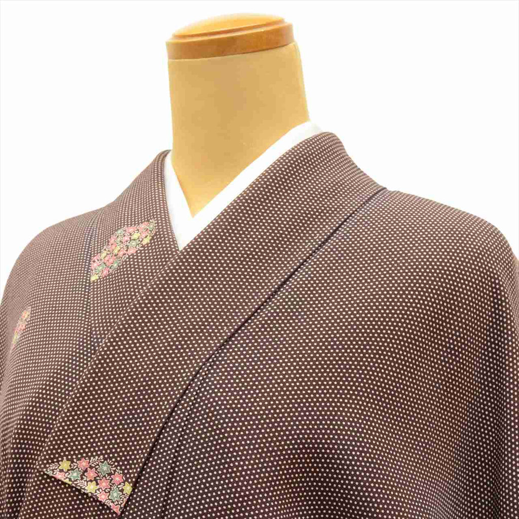 [Used] Komon (small patterned) recycled kimono, pure silk, length 161cm (size L), sleeve length 65cm, brown with polka dot and floral pattern, crepe fabric, lined, high quality, semi-formal, spring, summer, autumn, winter, ready-made. 