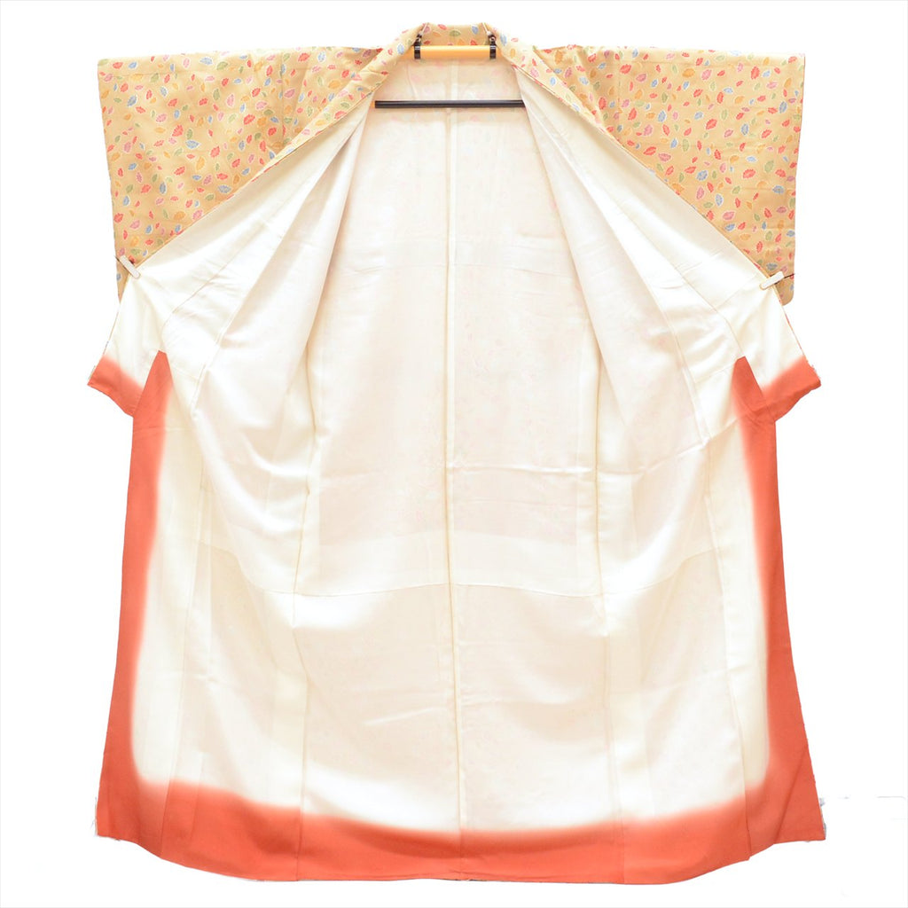 [Used] Komon (small patterned) recycled kimono, pure silk, length 159cm (size M), sleeve length 65.5cm, brown tones, botanical pattern, crepe fabric, gold leaf, lined, high quality, semi-formal, spring, summer, autumn, winter, ready-made. 