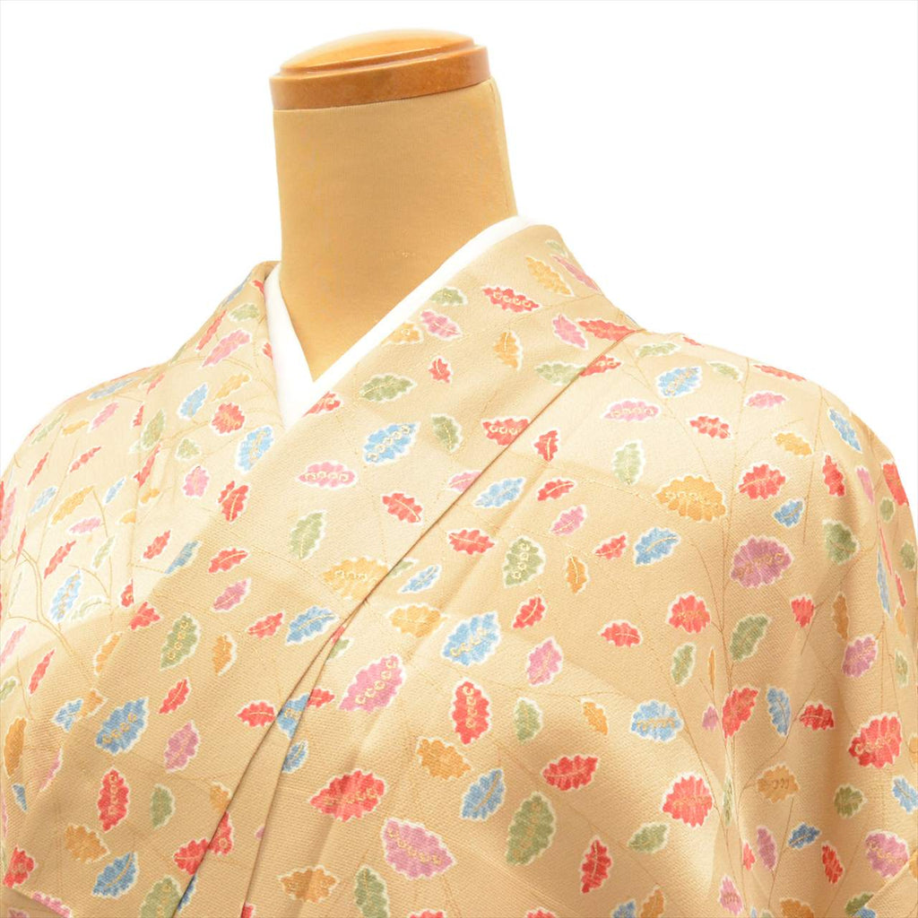 [Used] Komon (small patterned) recycled kimono, pure silk, length 159cm (size M), sleeve length 65.5cm, brown tones, botanical pattern, crepe fabric, gold leaf, lined, high quality, semi-formal, spring, summer, autumn, winter, ready-made. 