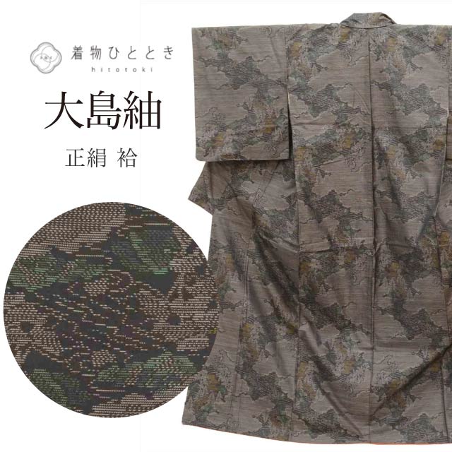 【中古】 大島紬 着物 正絹 リサイクル 身丈158.5cm M 裄64.3cm 仕立て上がり 黒色系 京風景文様 【 紬 紬の着物 リサイクル紬 正絹 袷 紬 着物 中古 古着 アウトレット 送料無料】tt2212b