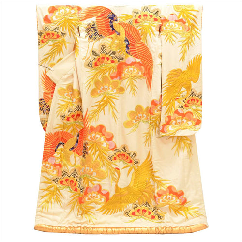 [Used] Silk Uchikake (wedding kimono), Length 182cm (Size M), Sleeve Length 66cm, Ready-made, Recycled Kimono, Antique, White, Crane and Pine Tree Pattern, Embroidery, Gold Thread Embroidery, tt2289b [Japanese Clothing, Outlet, Kimono] 