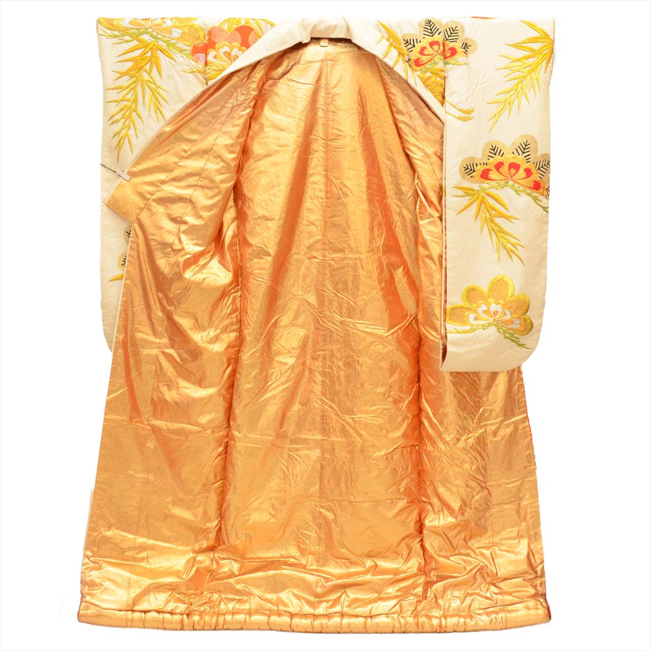 [Used] Silk Uchikake (wedding kimono), Length 182cm (Size M), Sleeve Length 66cm, Ready-made, Recycled Kimono, Antique, White, Crane and Pine Tree Pattern, Embroidery, Gold Thread Embroidery, tt2289b [Japanese Clothing, Outlet, Kimono] 