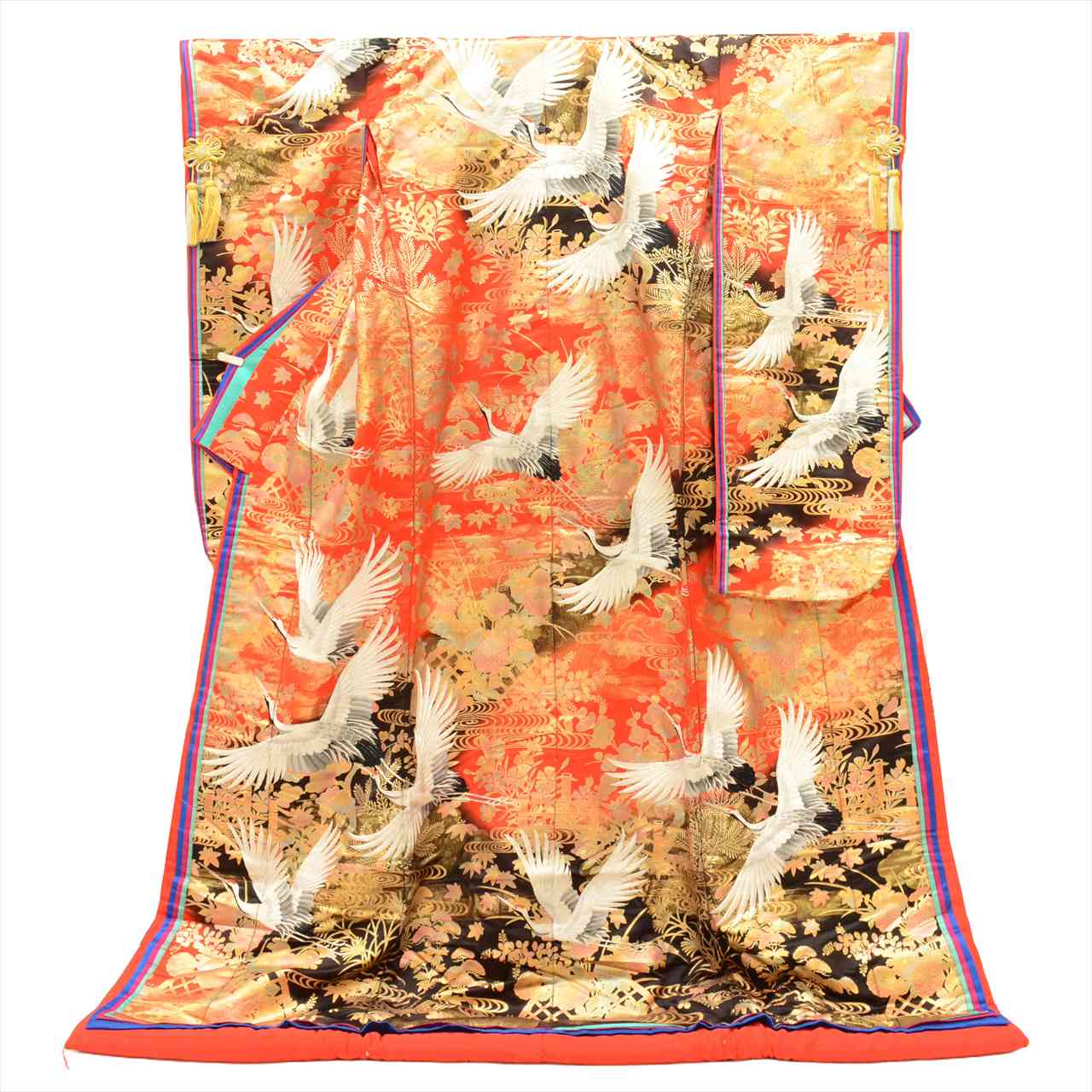 [Used] Silk Uchikake (wedding kimono), 199cm length (LL size), 65cm sleeve length, ready-made, recycled kimono, orange color, crane pattern, twelve-layered kimono style, embroidery, gold leaf, tt2298b [Japanese clothing, outlet, kimono] 
