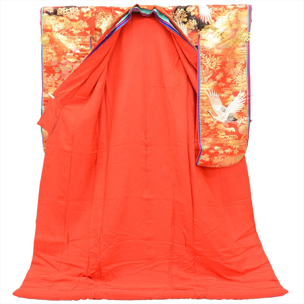 [Used] Silk Uchikake (wedding kimono), 199cm length (LL size), 65cm sleeve length, ready-made, recycled kimono, orange color, crane pattern, twelve-layered kimono style, embroidery, gold leaf, tt2298b [Japanese clothing, outlet, kimono] 