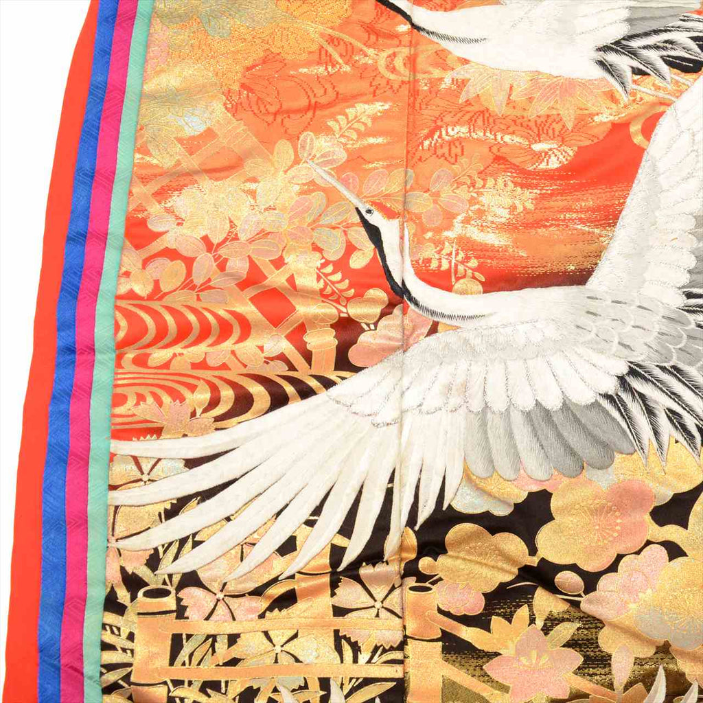 [Used] Silk Uchikake (wedding kimono), 199cm length (LL size), 65cm sleeve length, ready-made, recycled kimono, orange color, crane pattern, twelve-layered kimono style, embroidery, gold leaf, tt2298b [Japanese clothing, outlet, kimono] 