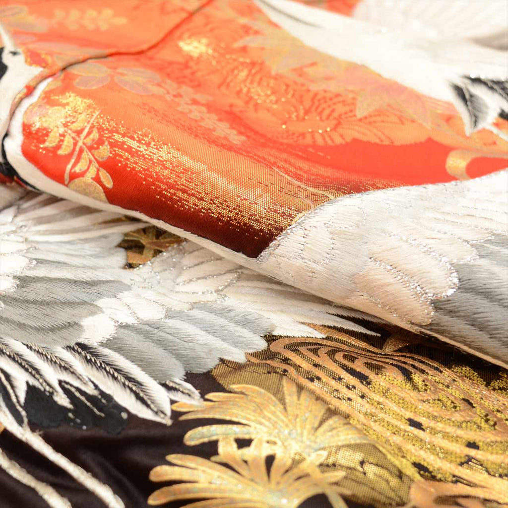[Used] Silk Uchikake (wedding kimono), 199cm length (LL size), 65cm sleeve length, ready-made, recycled kimono, orange color, crane pattern, twelve-layered kimono style, embroidery, gold leaf, tt2298b [Japanese clothing, outlet, kimono] 