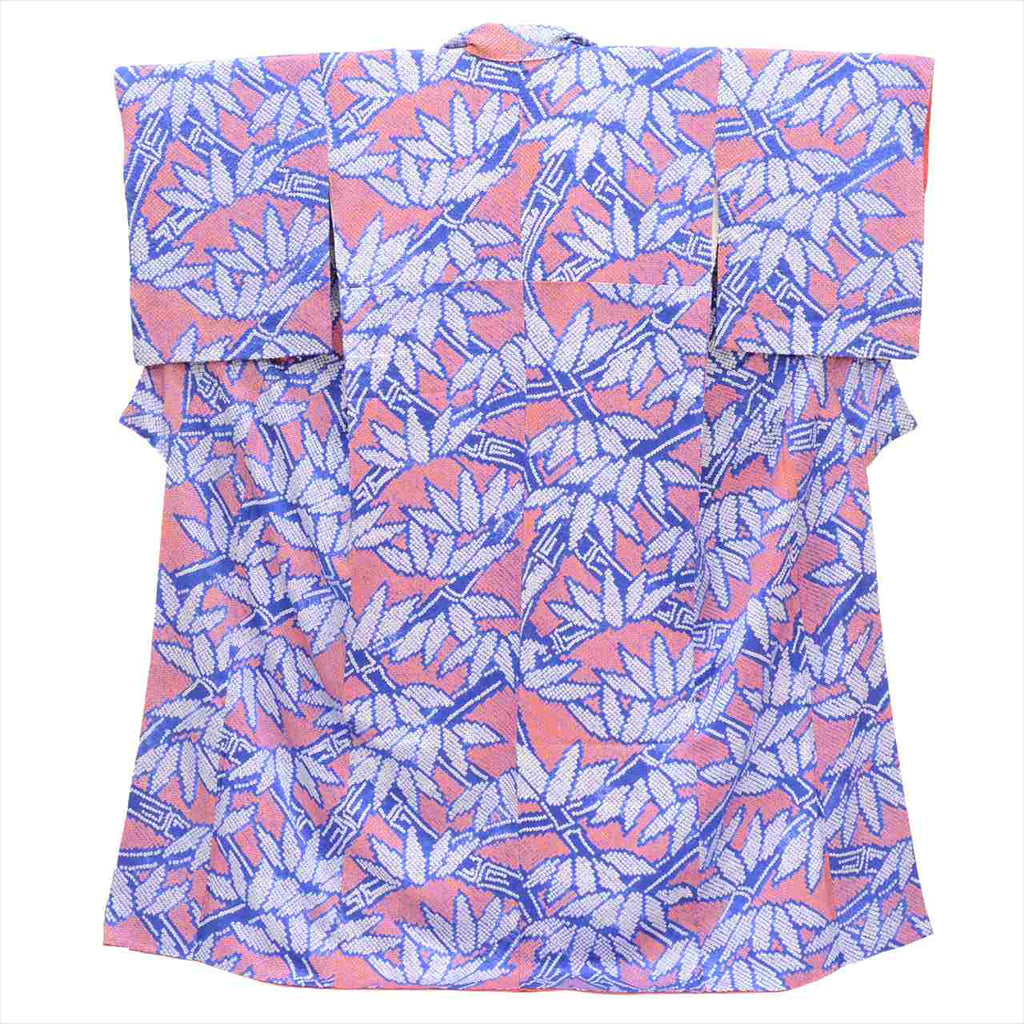 [Used] Komon (small patterned) recycled kimono, pure silk, length 159.5cm (62.8in) (size M), sleeve length 67.0cm (26.4in), blue tones, bamboo leaf pattern, fully tie-dyed, lined, high quality, semi-formal, spring, summer, autumn, winter, ready-made. 