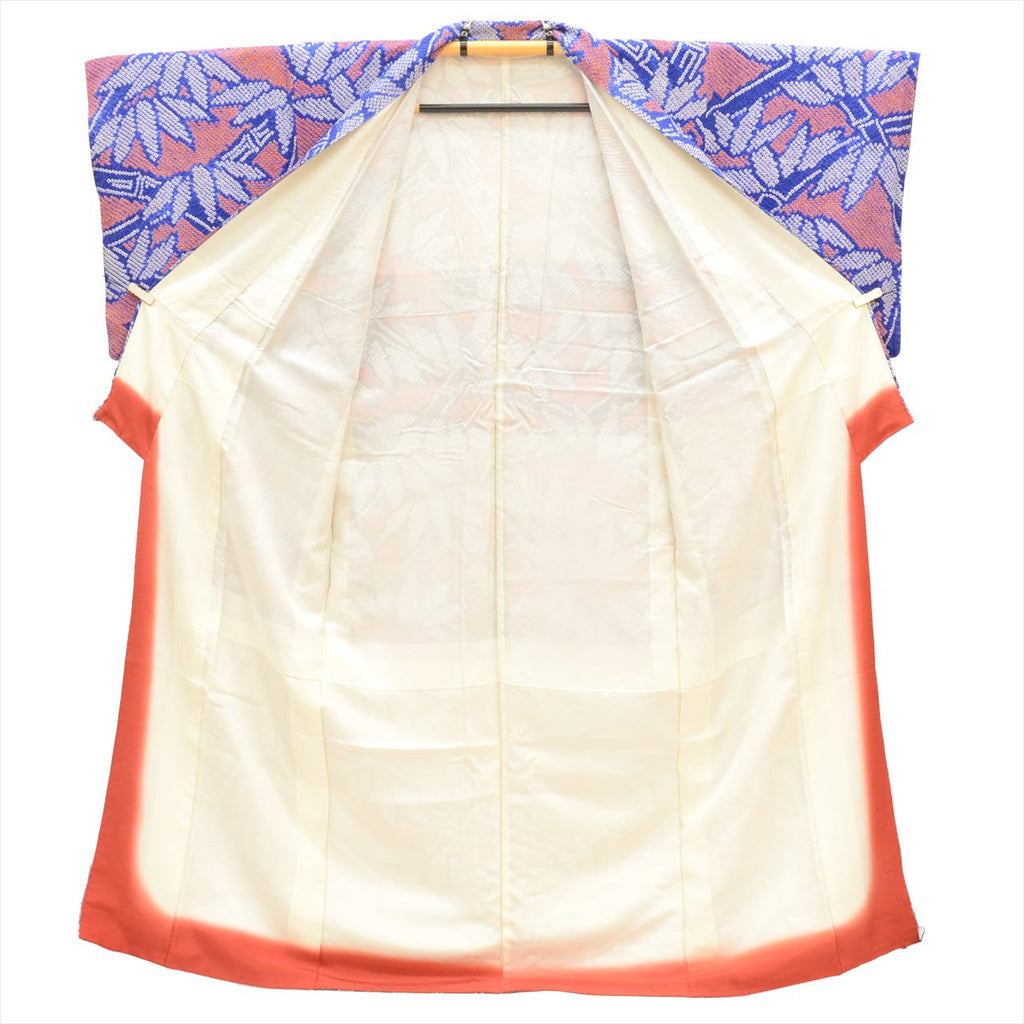 [Used] Komon (small patterned) recycled kimono, pure silk, length 159.5cm (62.8in) (size M), sleeve length 67.0cm (26.4in), blue tones, bamboo leaf pattern, fully tie-dyed, lined, high quality, semi-formal, spring, summer, autumn, winter, ready-made. 