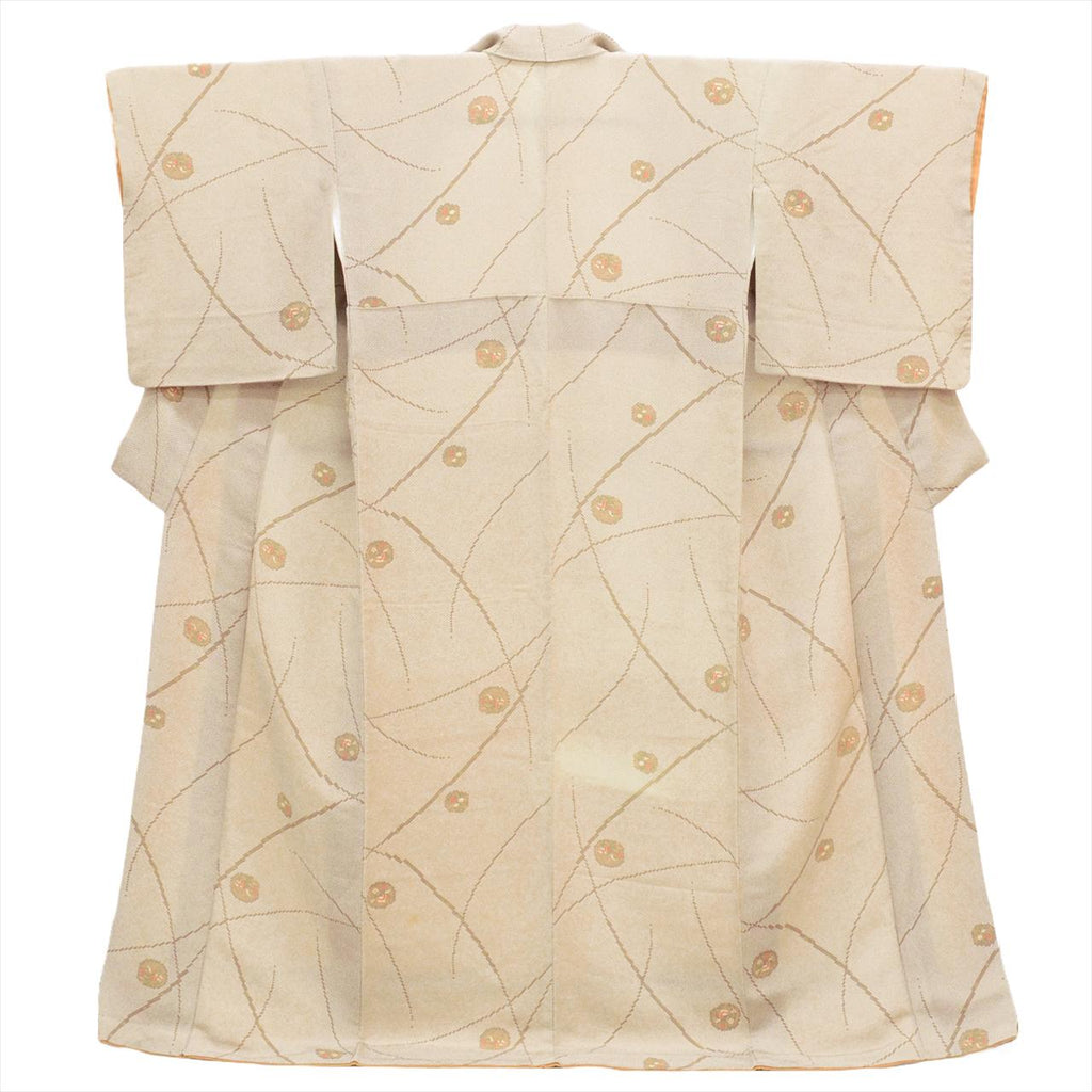 [Used] Komon (small patterned) recycled kimono, pure silk, length 161.5cm (63.6in), sleeve length 67.0cm (26.4in), brown tones, floral and bird pattern, crepe fabric, lined, high quality, semi-formal, spring, summer, autumn, winter, ready-made. 