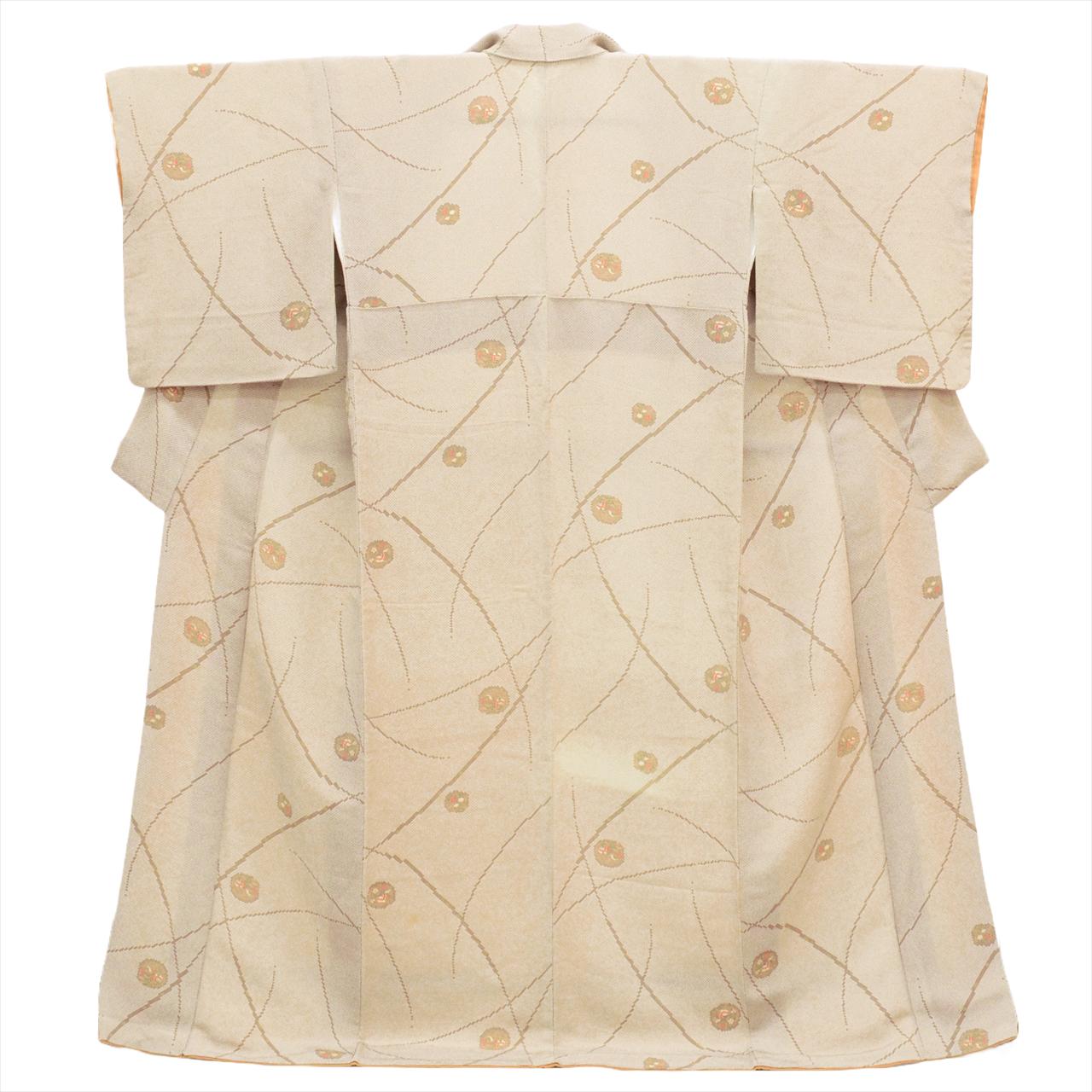 [Used] Komon (small patterned) recycled kimono, pure silk, length 161.5cm (63.6in), sleeve length 67.0cm (26.4in), brown tones, floral and bird pattern, crepe fabric, lined, high quality, semi-formal, spring, summer, autumn, winter, ready-made. 