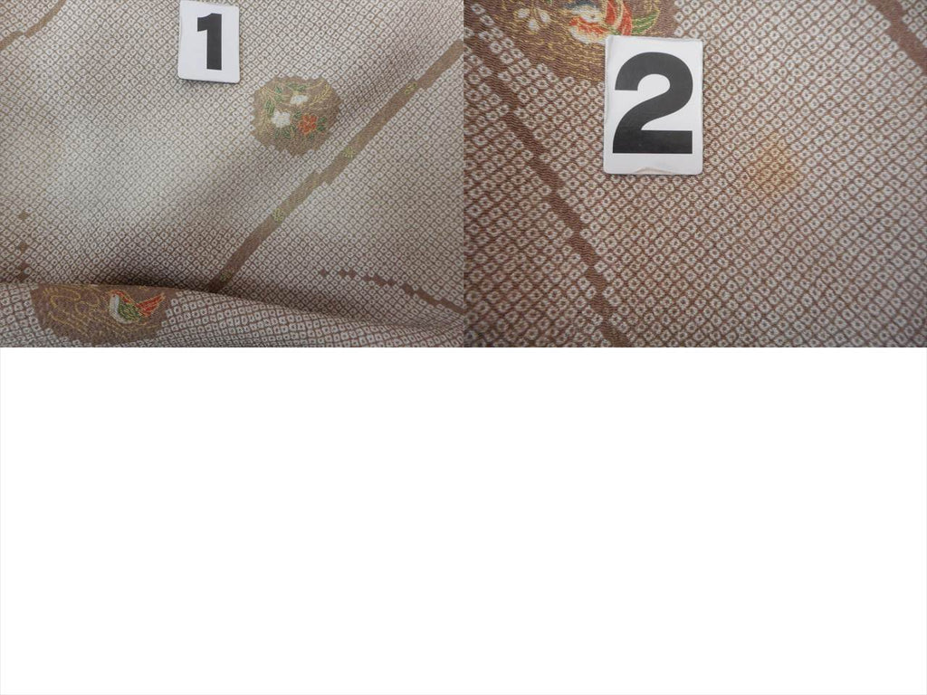 [Used] Komon (small patterned) recycled kimono, pure silk, length 161.5cm (63.6in), sleeve length 67.0cm (26.4in), brown tones, floral and bird pattern, crepe fabric, lined, high quality, semi-formal, spring, summer, autumn, winter, ready-made. 