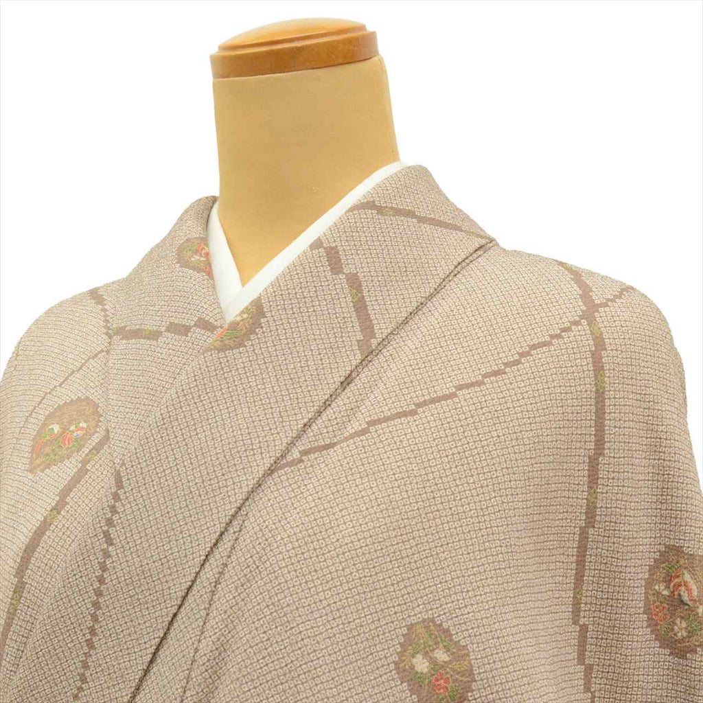 [Used] Komon (small patterned) recycled kimono, pure silk, length 161.5cm (63.6in), sleeve length 67.0cm (26.4in), brown tones, floral and bird pattern, crepe fabric, lined, high quality, semi-formal, spring, summer, autumn, winter, ready-made. 