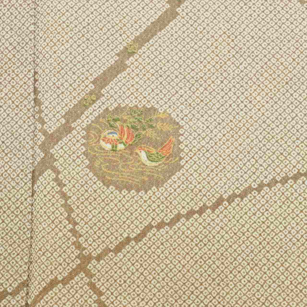 [Used] Komon (small patterned) recycled kimono, pure silk, length 161.5cm (63.6in), sleeve length 67.0cm (26.4in), brown tones, floral and bird pattern, crepe fabric, lined, high quality, semi-formal, spring, summer, autumn, winter, ready-made. 
