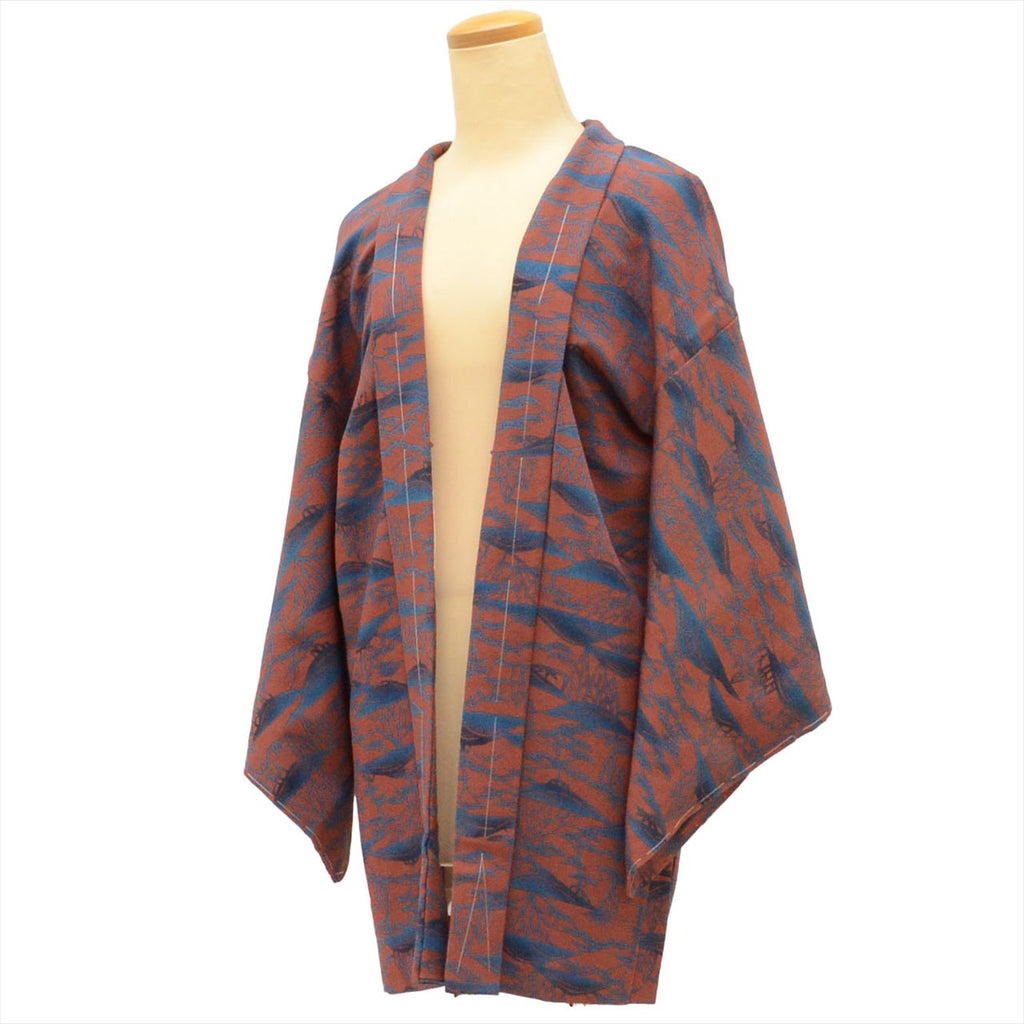 Haori (short kimono jacket), pure silk, length 79.0cm (31.1in), sleeve length 66.5cm (26.2in), recycled kimono, brown tones, tree pattern, unused, crepe fabric, tt2407b 