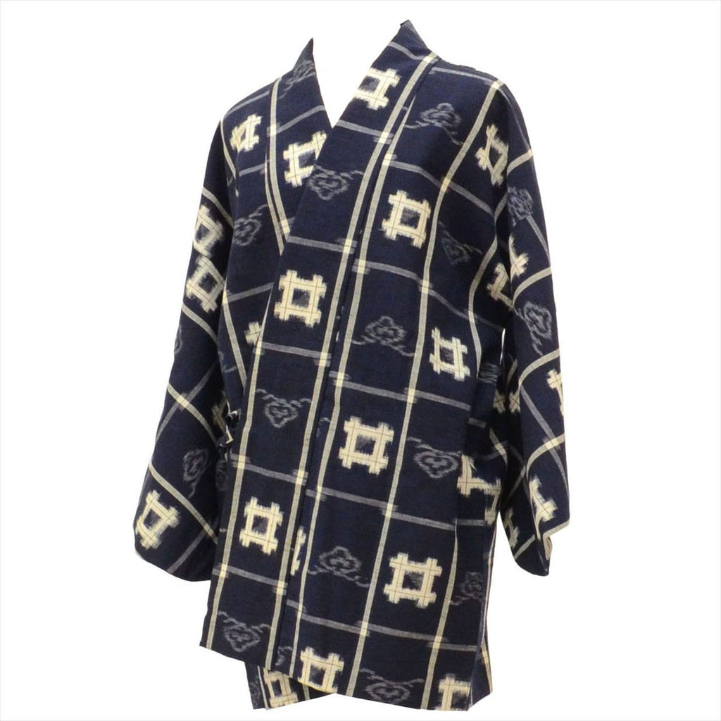 Traveling coat, wool, length 81.0cm (31.9in), sleeve length 67.0cm (26.4in), navy blue, ikat pattern, kimono collar, recycled kimono, tt2411b 