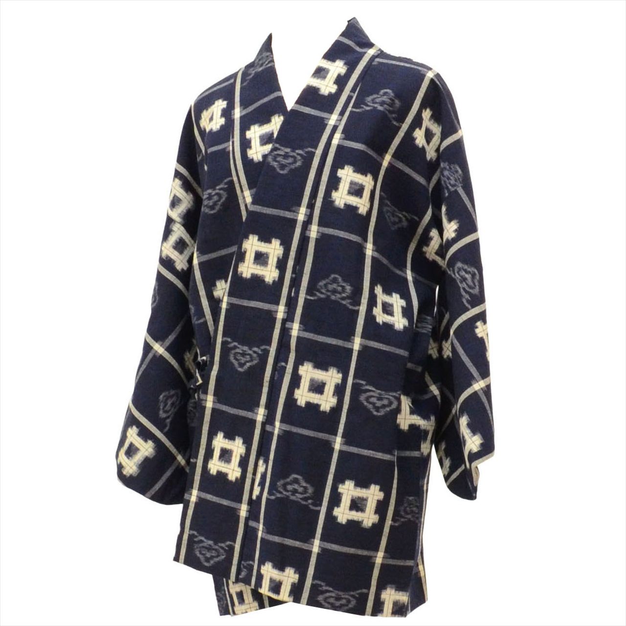 Traveling coat, wool, length 81.0cm (31.9in), sleeve length 67.0cm (26.4in), navy blue, ikat pattern, kimono collar, recycled kimono, tt2411b 