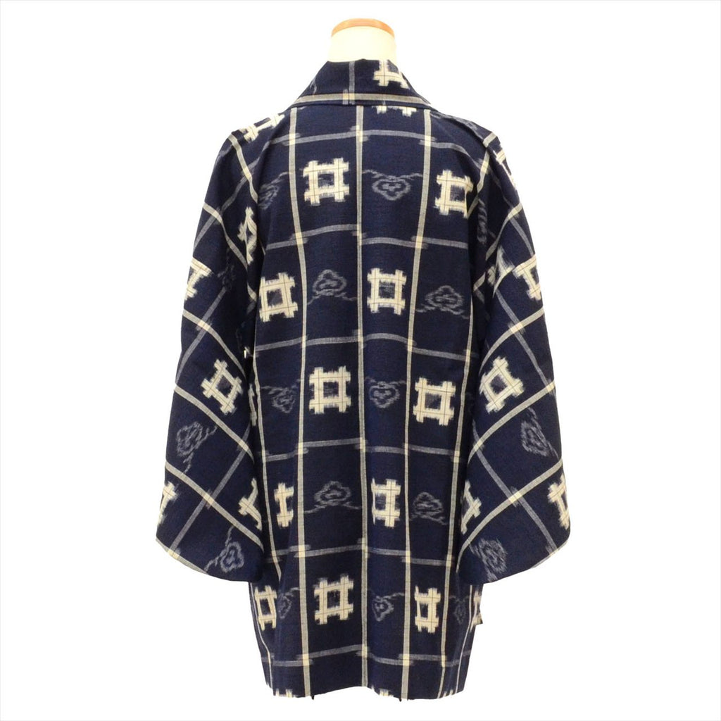 Traveling coat, wool, length 81.0cm (31.9in), sleeve length 67.0cm (26.4in), navy blue, ikat pattern, kimono collar, recycled kimono, tt2411b 