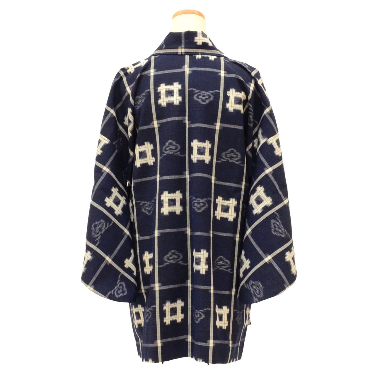 Traveling coat, wool, length 81.0cm (31.9in), sleeve length 67.0cm (26.4in), navy blue, ikat pattern, kimono collar, recycled kimono, tt2411b 