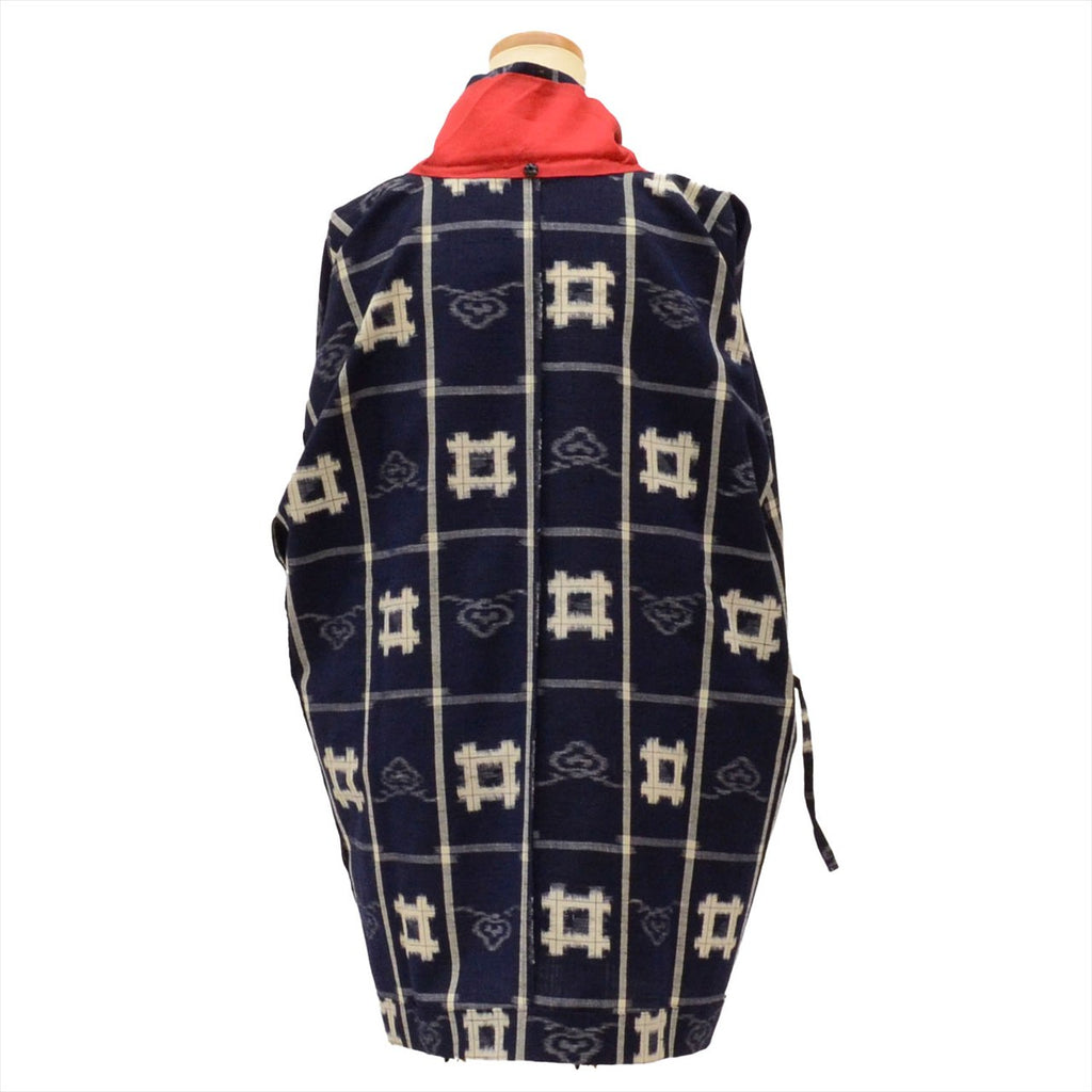 Traveling coat, wool, length 81.0cm (31.9in), sleeve length 67.0cm (26.4in), navy blue, ikat pattern, kimono collar, recycled kimono, tt2411b 