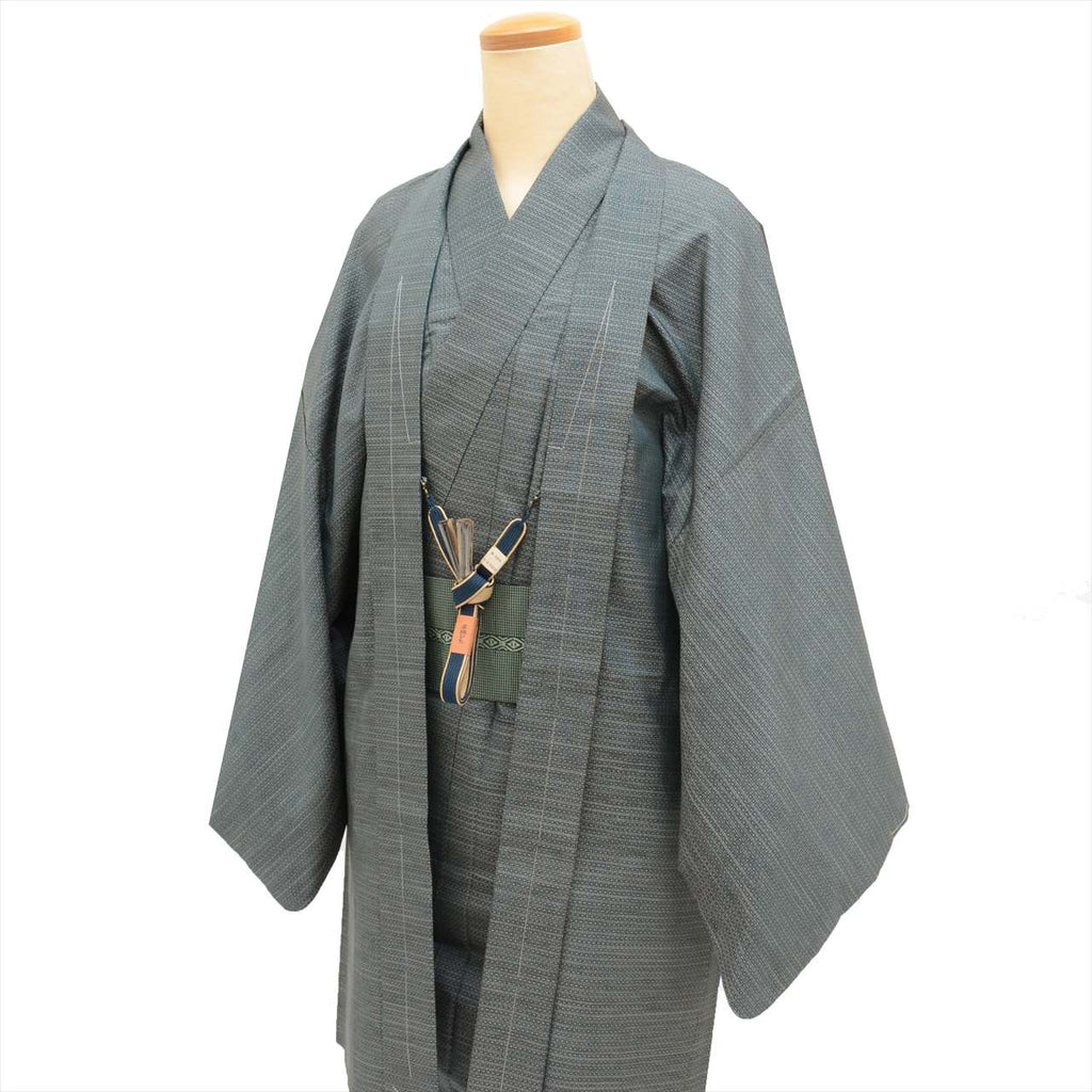 [Used] Men's Kimono and Haori Set, Authentic Oshima Tsumugi Silk, Unused, Length 140.5cm (M), Sleeve Length 68cm, Recycled Kimono, Ready-made, Greenish, Weft Kasuri Pattern, Comes with Obi Belt and Haori Cord, Certificate of Authenticity, Men's tt2456b 