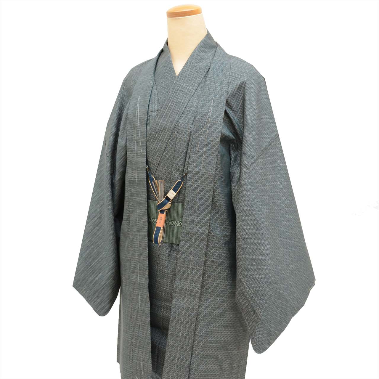 [Used] Men's Kimono and Haori Set, Authentic Oshima Tsumugi Silk, Unused, Length 140.5cm (M), Sleeve Length 68cm, Recycled Kimono, Ready-made, Greenish, Weft Kasuri Pattern, Comes with Obi Belt and Haori Cord, Certificate of Authenticity, Men's tt2456b 