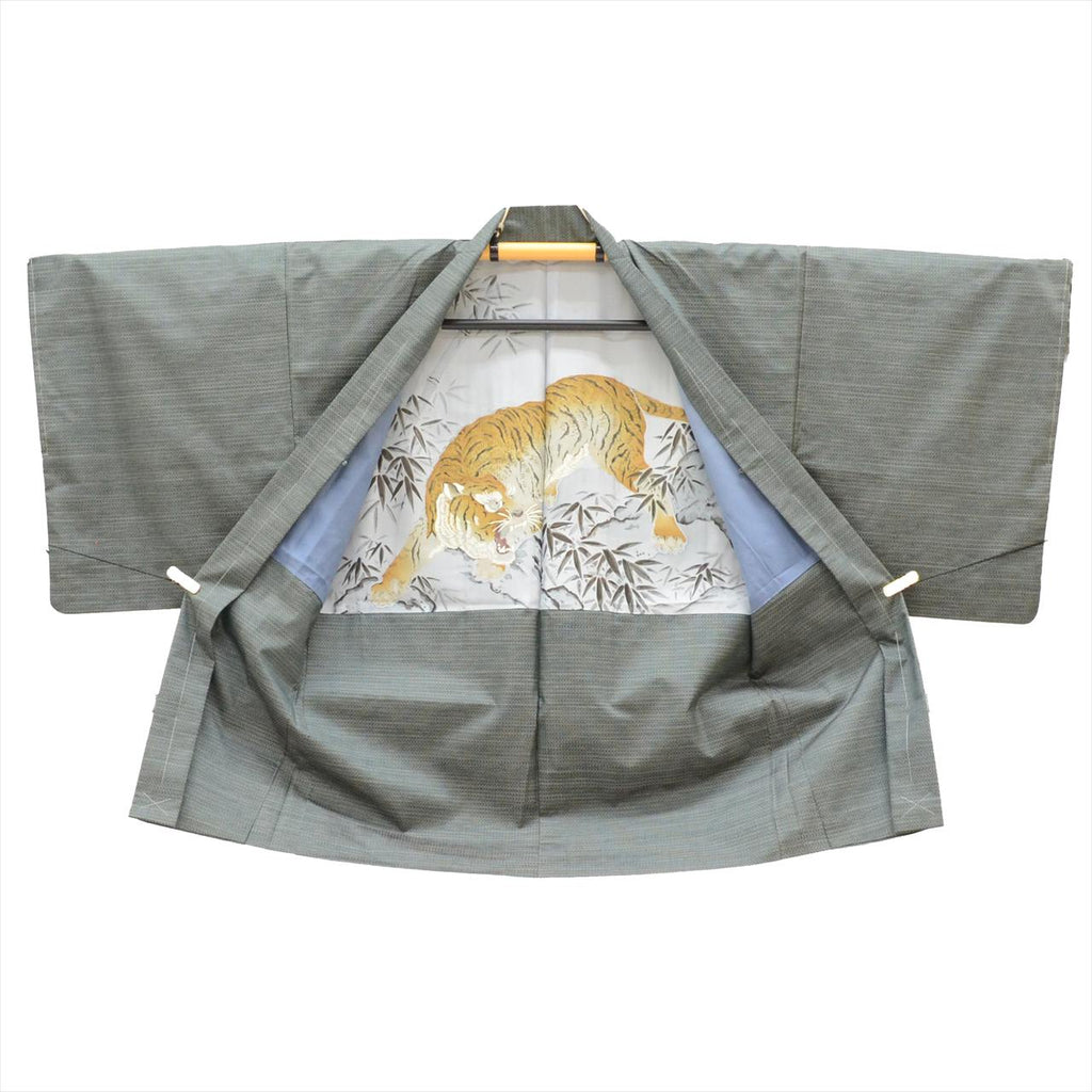 [Used] Men's Kimono and Haori Set, Authentic Oshima Tsumugi Silk, Unused, Length 140.5cm (M), Sleeve Length 68cm, Recycled Kimono, Ready-made, Greenish, Weft Kasuri Pattern, Comes with Obi Belt and Haori Cord, Certificate of Authenticity, Men's tt2456b 