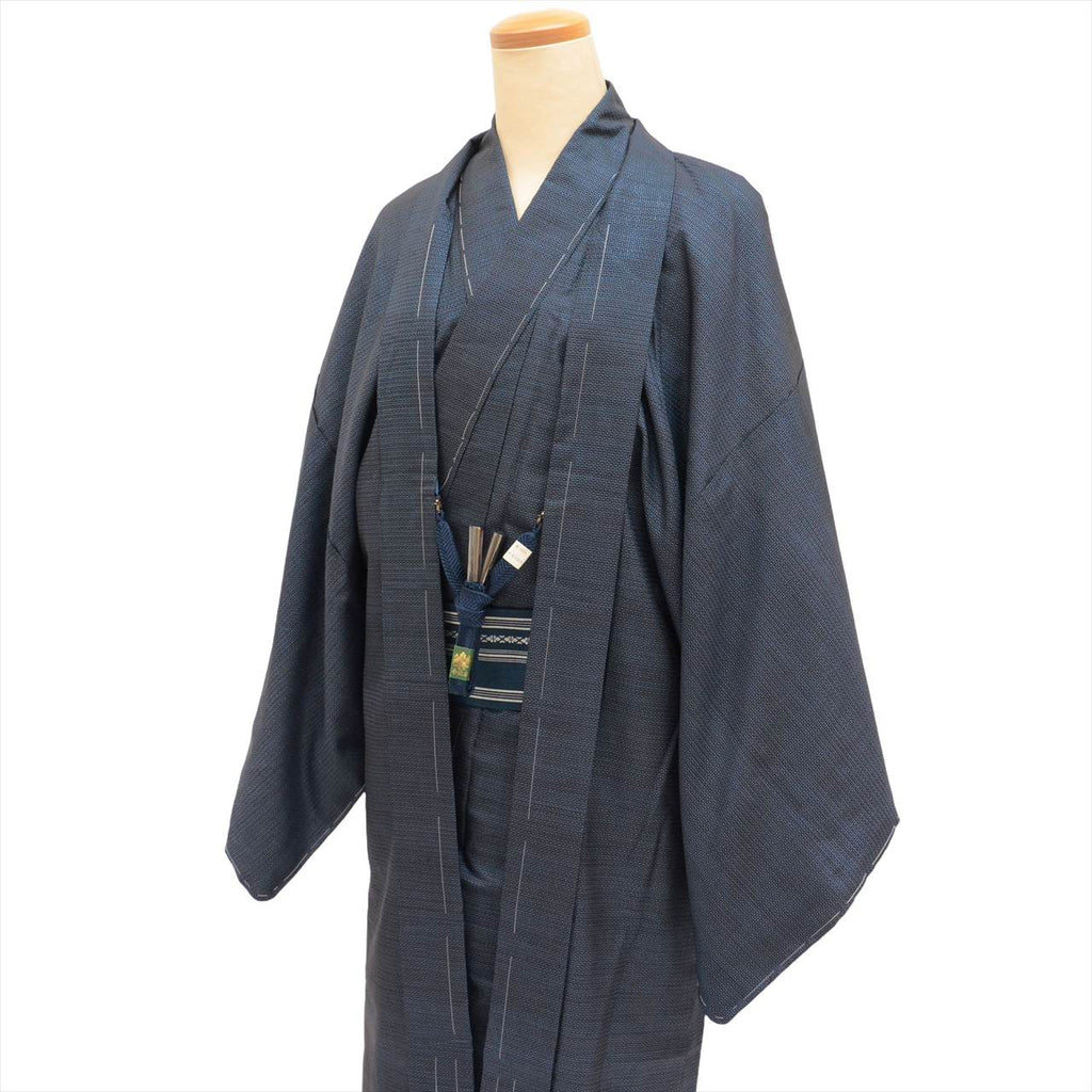 [Used] Men's Kimono and Haori Set Ensemble, Authentic Oshima Tsumugi Silk, Handwoven, Unused, Length 146cm (L), Sleeve Length 68.5cm, Navy Blue, Tortoiseshell Pattern, Comes with Obi Belt and Haori Cord, Men's, Certificate of Authenticity tt2457b 