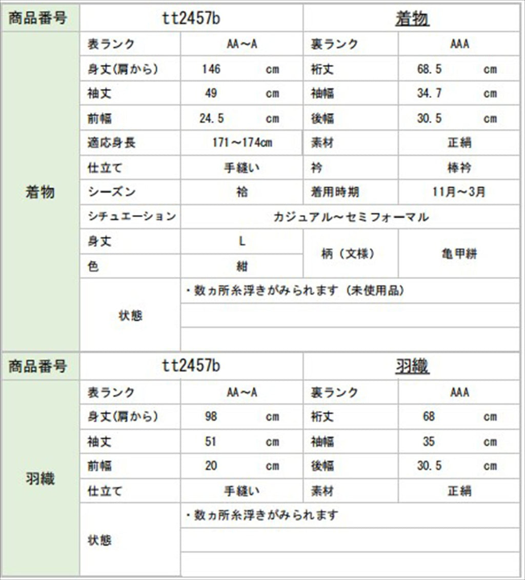 [Used] Men's Kimono and Haori Set Ensemble, Authentic Oshima Tsumugi Silk, Handwoven, Unused, Length 146cm (L), Sleeve Length 68.5cm, Navy Blue, Tortoiseshell Pattern, Comes with Obi Belt and Haori Cord, Men's, Certificate of Authenticity tt2457b 