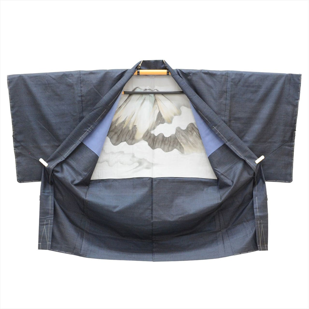 [Used] Men's Kimono and Haori Set Ensemble, Authentic Oshima Tsumugi Silk, Handwoven, Unused, Length 146cm (L), Sleeve Length 68.5cm, Navy Blue, Tortoiseshell Pattern, Comes with Obi Belt and Haori Cord, Men's, Certificate of Authenticity tt2457b 