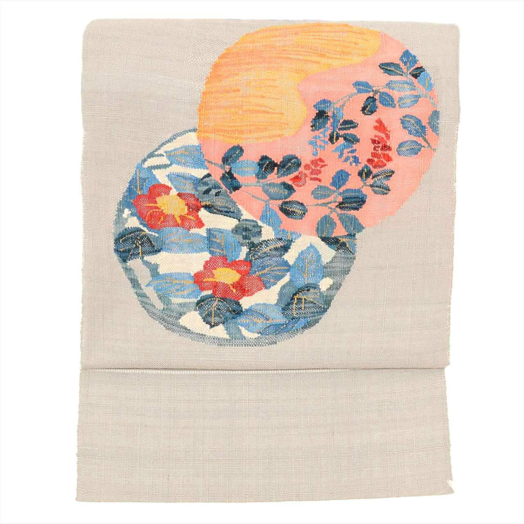 [Used] Nagoya Obi (Kimono Sash), Pure Silk, 9-inch width, Ready-made, Recycled Obi, Excellent Condition, Grayish Color, Round Floral Pattern, Taiko Pattern, Tsumugi Fabric, tt2499b 