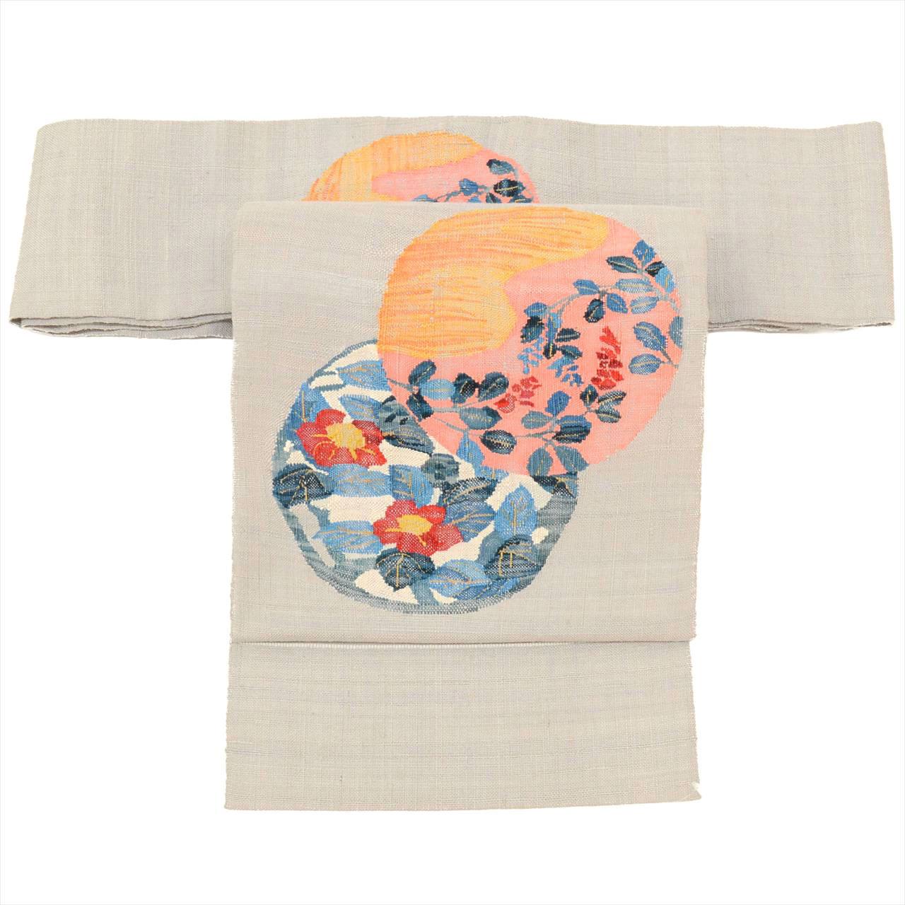 [Used] Nagoya Obi (Kimono Sash), Pure Silk, 9-inch width, Ready-made, Recycled Obi, Excellent Condition, Grayish Color, Round Floral Pattern, Taiko Pattern, Tsumugi Fabric, tt2499b 