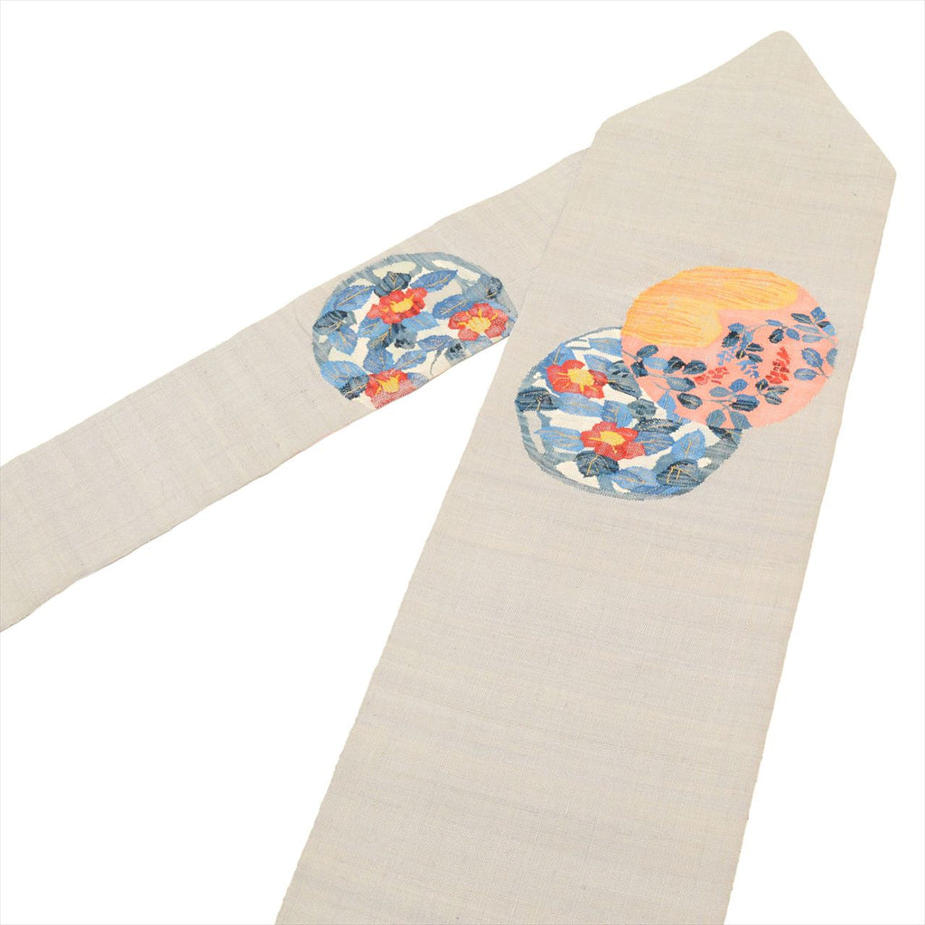 [Used] Nagoya Obi (Kimono Sash), Pure Silk, 9-inch width, Ready-made, Recycled Obi, Excellent Condition, Grayish Color, Round Floral Pattern, Taiko Pattern, Tsumugi Fabric, tt2499b 
