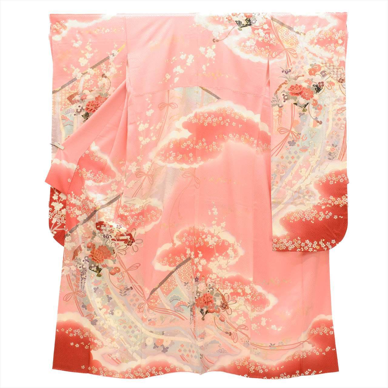 [Used] Furisode (long-sleeved kimono) and Nagajuban (undergarment) set, pure silk, length 162.0cm (63.8in) (size L), sleeve length 66.0cm (26.0in), pink, fan and floral pattern, gold embroidery, vintage, tt2561b 