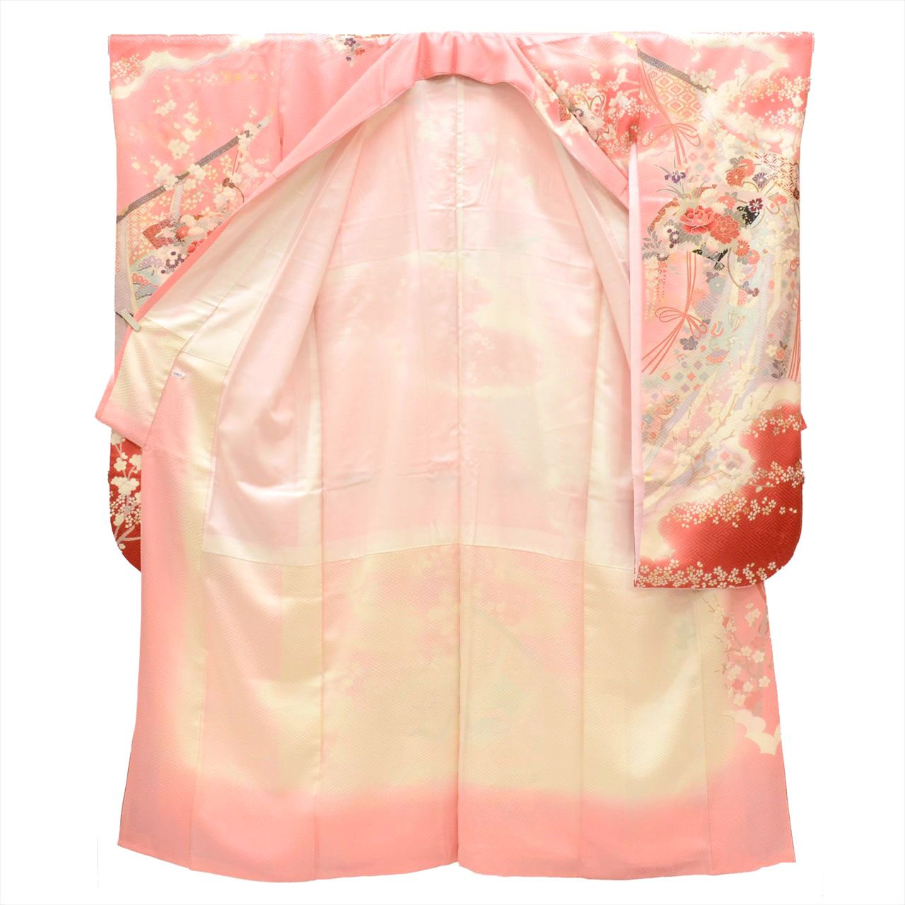[Used] Furisode (long-sleeved kimono) and Nagajuban (undergarment) set, pure silk, length 162.0cm (63.8in) (size L), sleeve length 66.0cm (26.0in), pink, fan and floral pattern, gold embroidery, vintage, tt2561b 