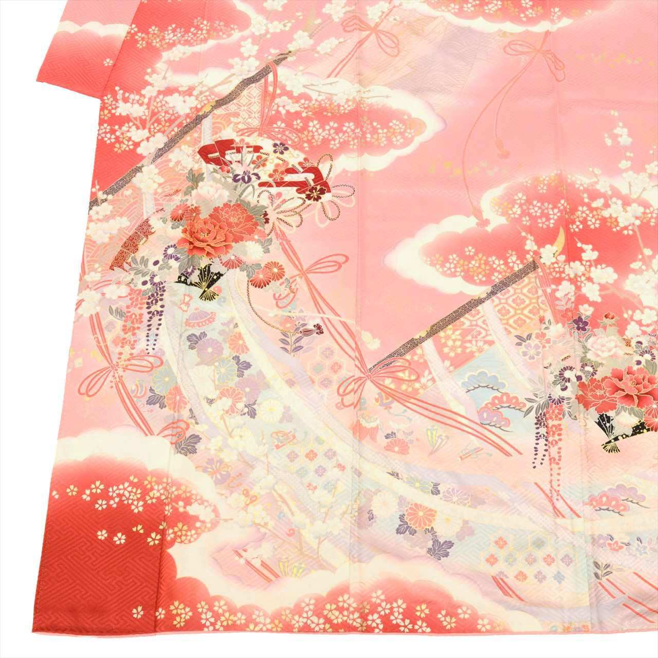 [Used] Furisode (long-sleeved kimono) and Nagajuban (undergarment) set, pure silk, length 162.0cm (63.8in) (size L), sleeve length 66.0cm (26.0in), pink, fan and floral pattern, gold embroidery, vintage, tt2561b 
